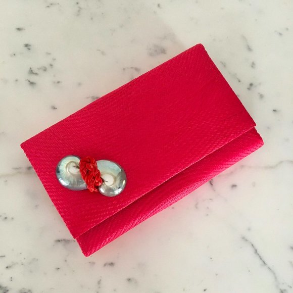 Vintage Fuschia Straw Clutch Bag with Abalone Trim - Picture 2 of 8